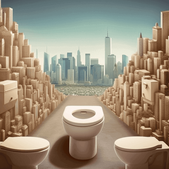 toilets in front of a string of skyscrapers