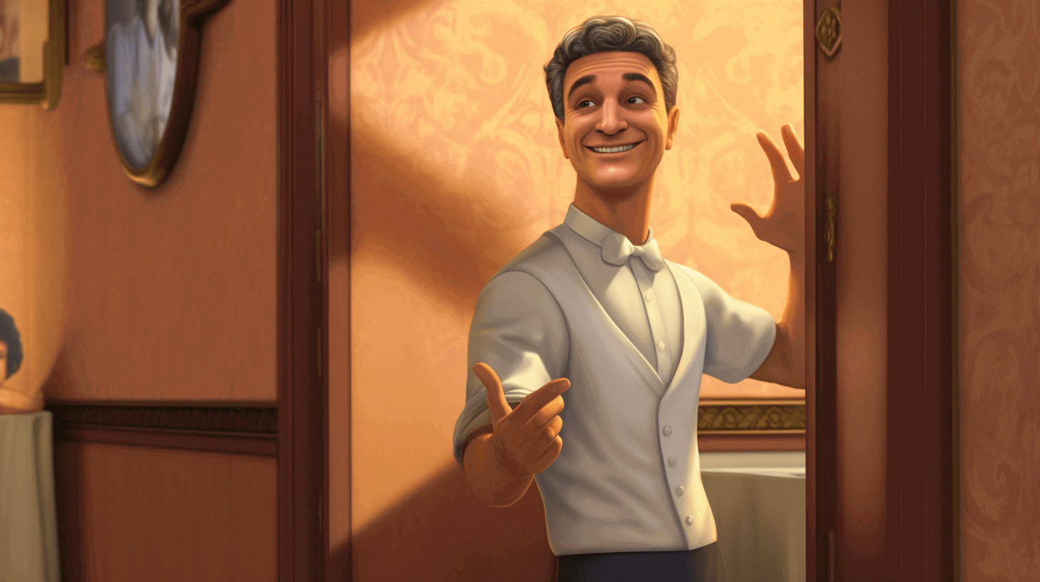 CGI image of a friendly waiter gesturing towards a bathroom