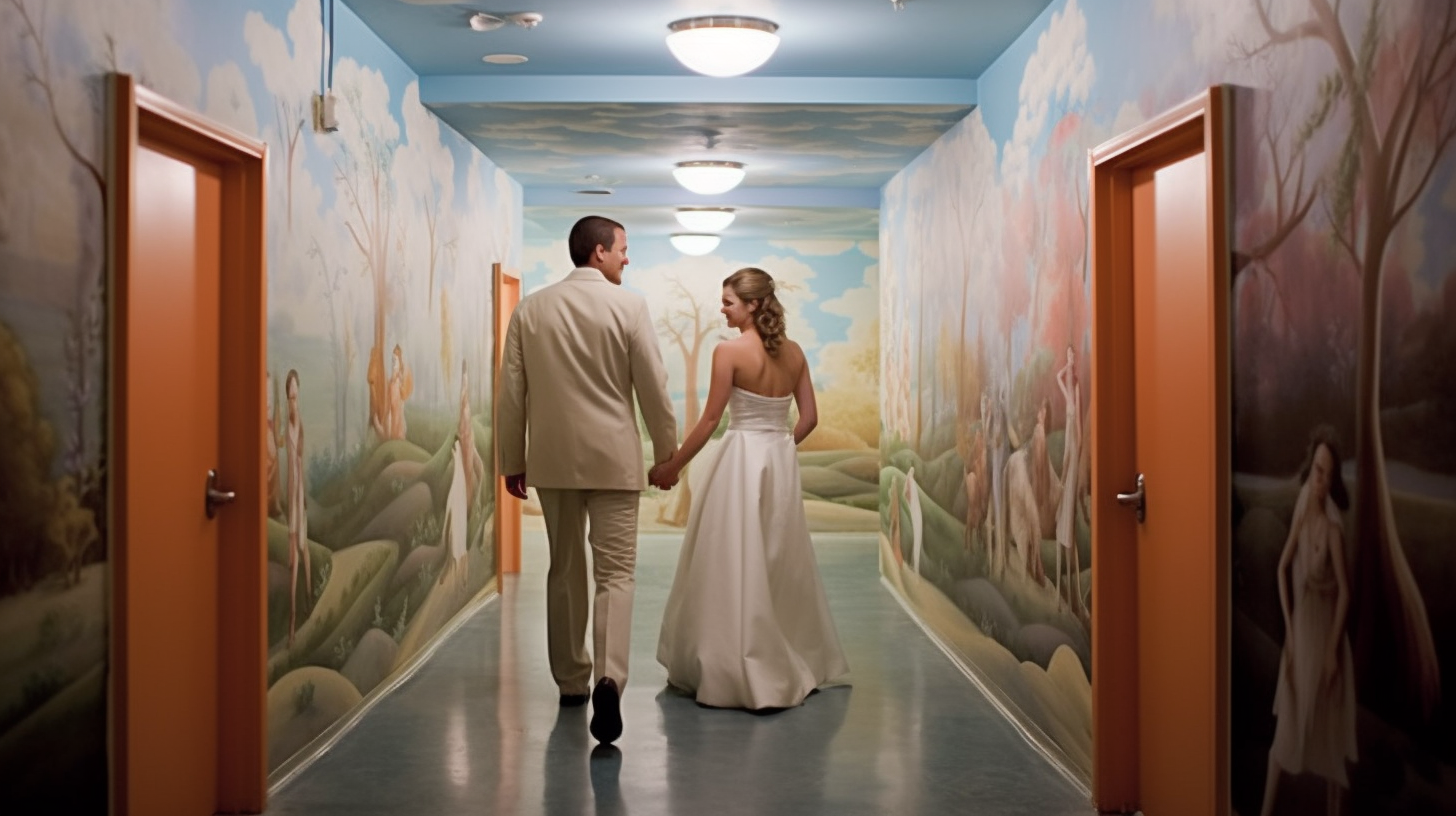 bride and groom walking down a hallway