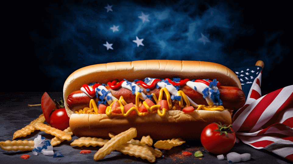 A hot dog in front of an American flag