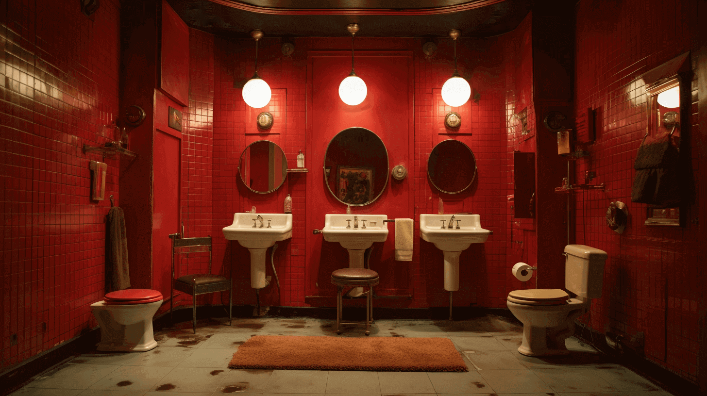 red room with sinks and toilets