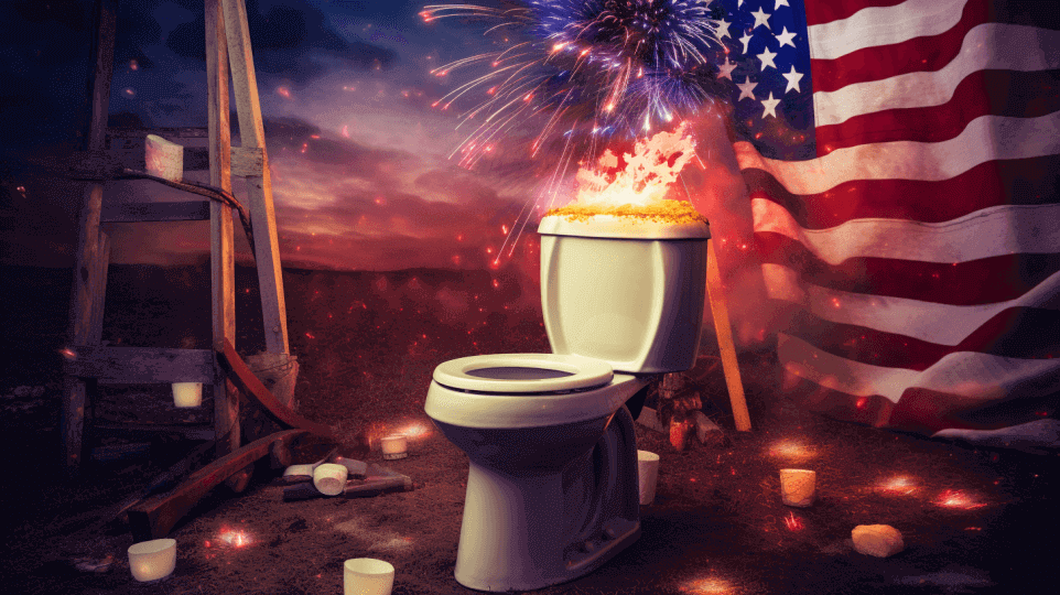 toilet in front of american flag