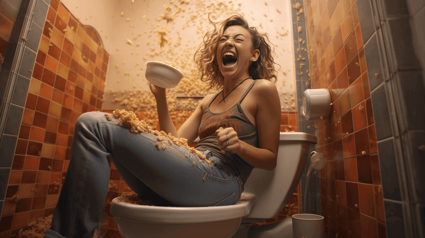 Girl eating cereal sitting on a toilet