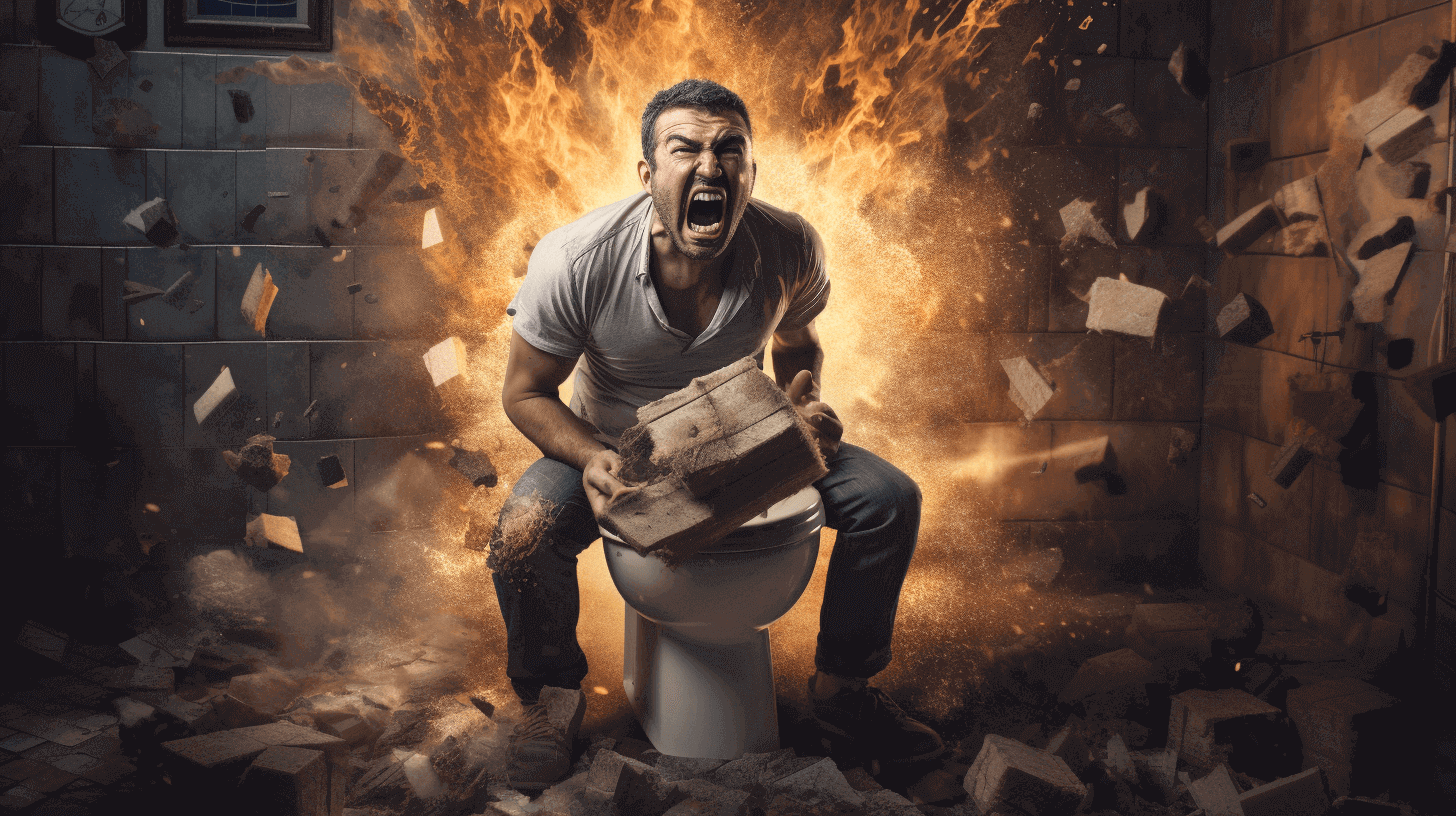 man yelling on a toilet while holding a brick