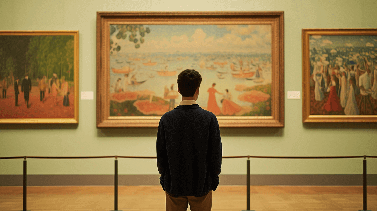 A man looking at paintings.