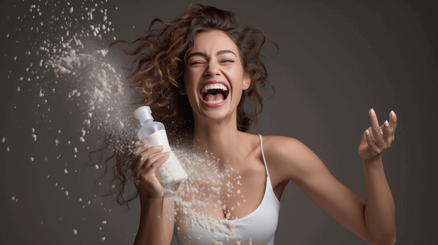 A woman shaking a bottle of baby powder