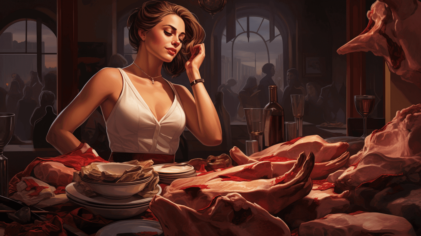 Lady sitting at a table full of raw meat