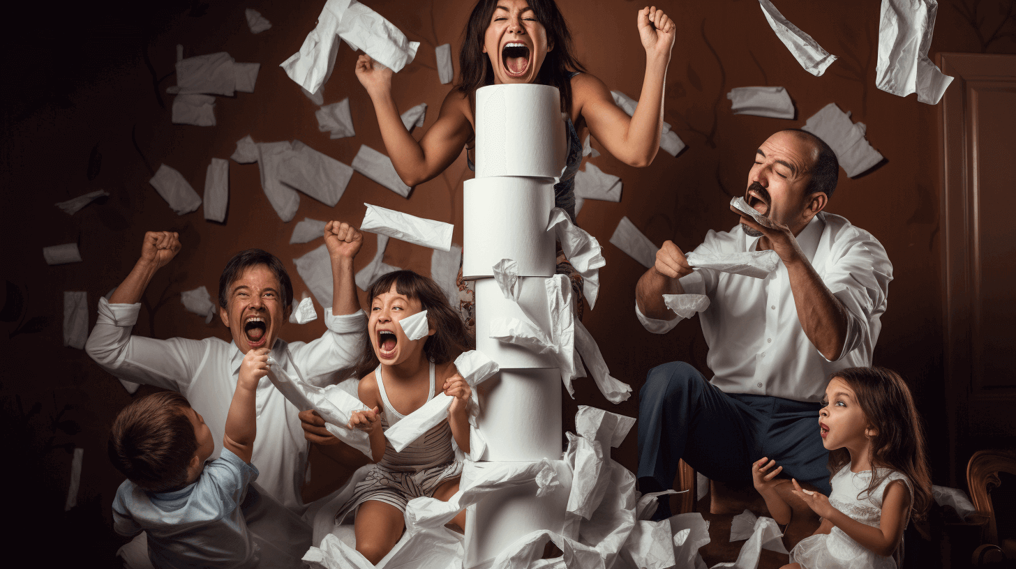 A family celebrating around a tower of toilet paper