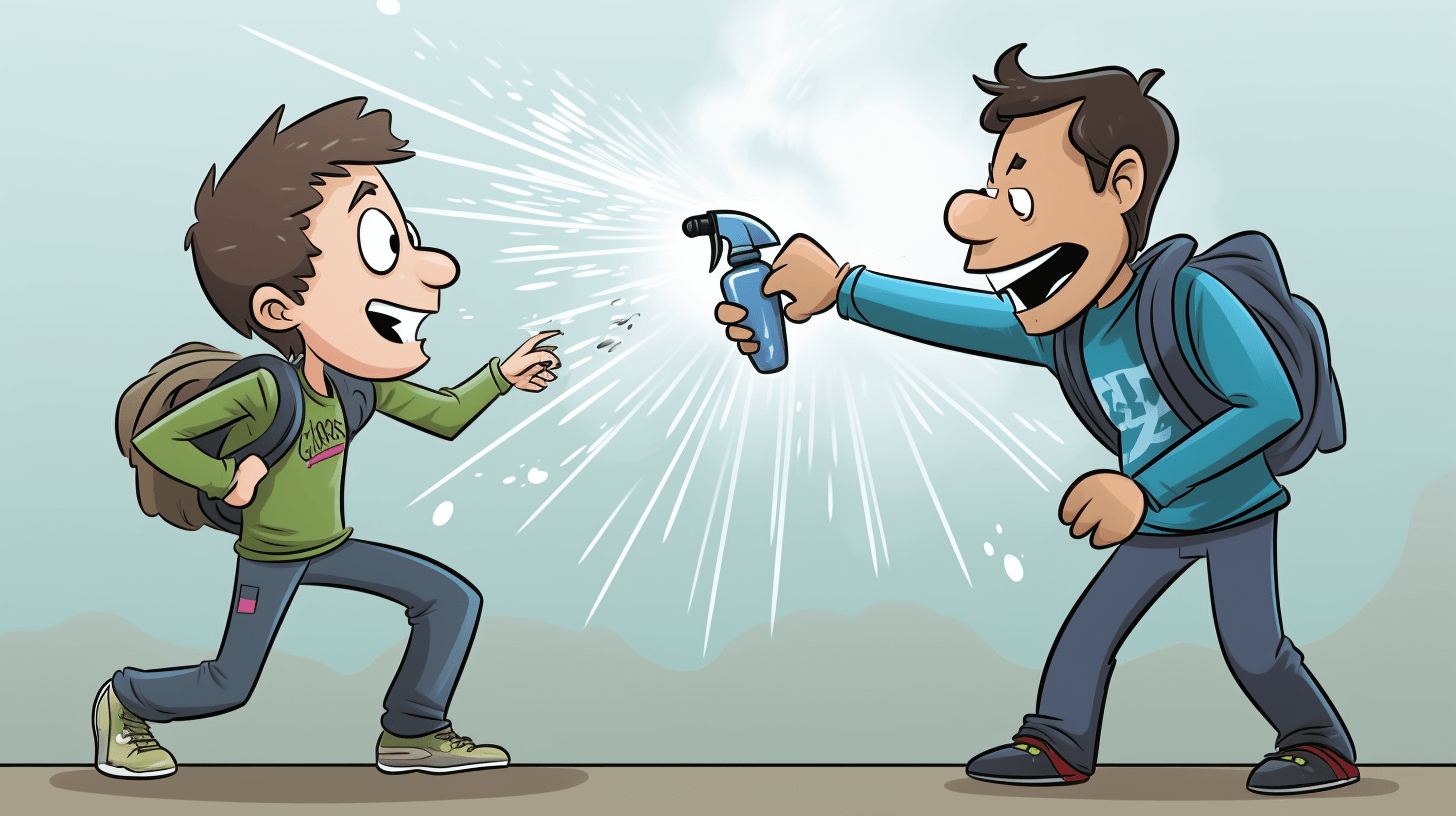 A prankster spraying fart spray on another person