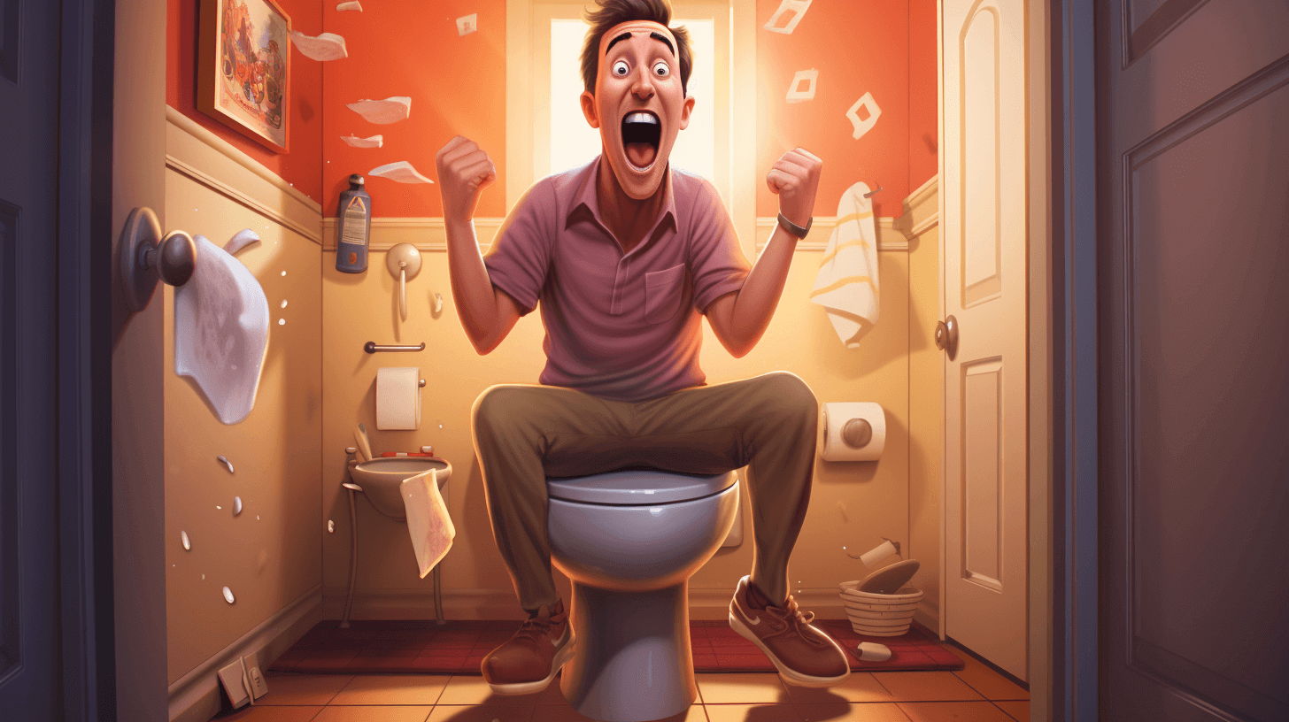A guy screaming, while sitting on the toilet.