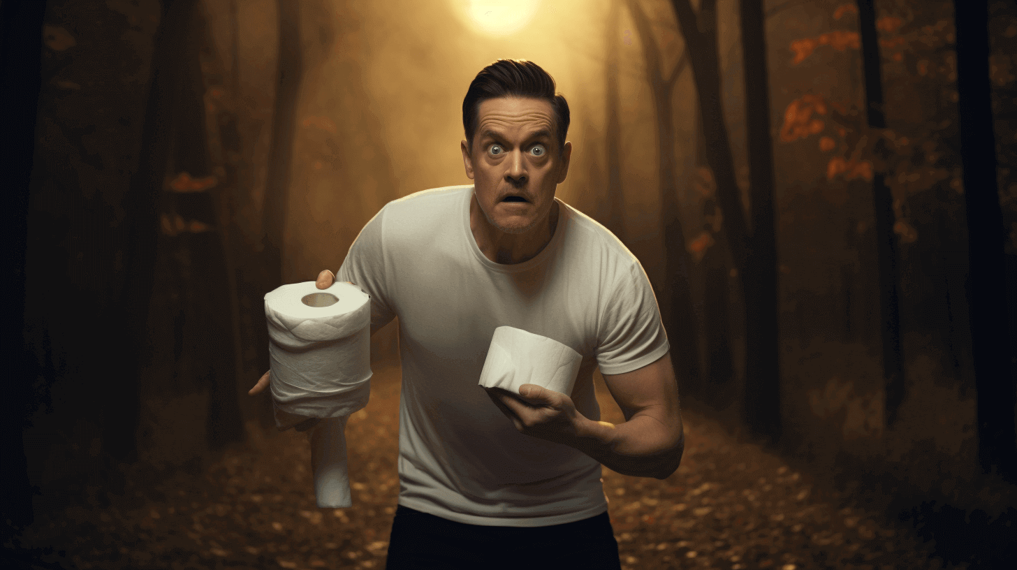 Jim Breuer holding toilet paper in the woods.