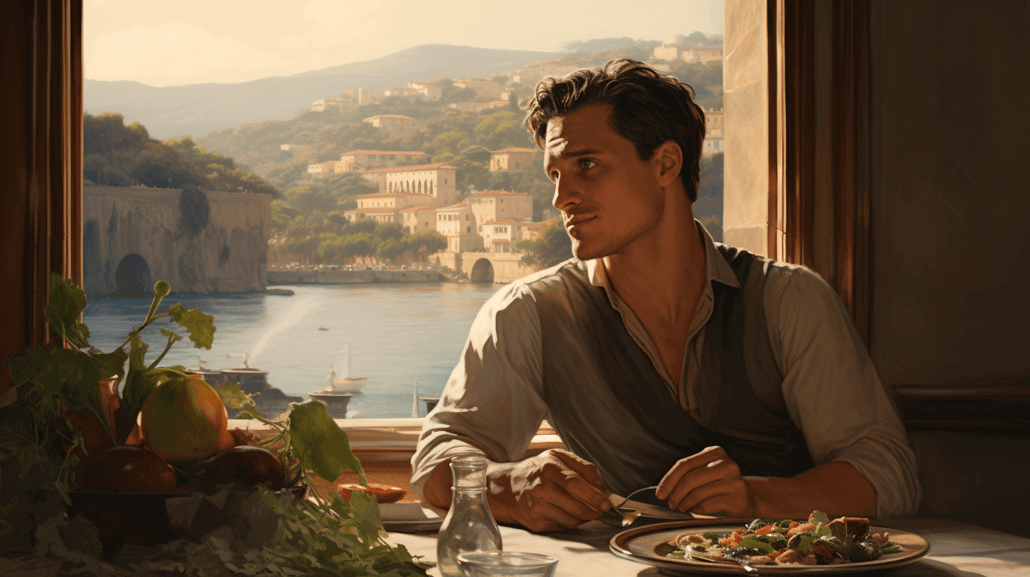 A handsome man eating a salad by the sea.