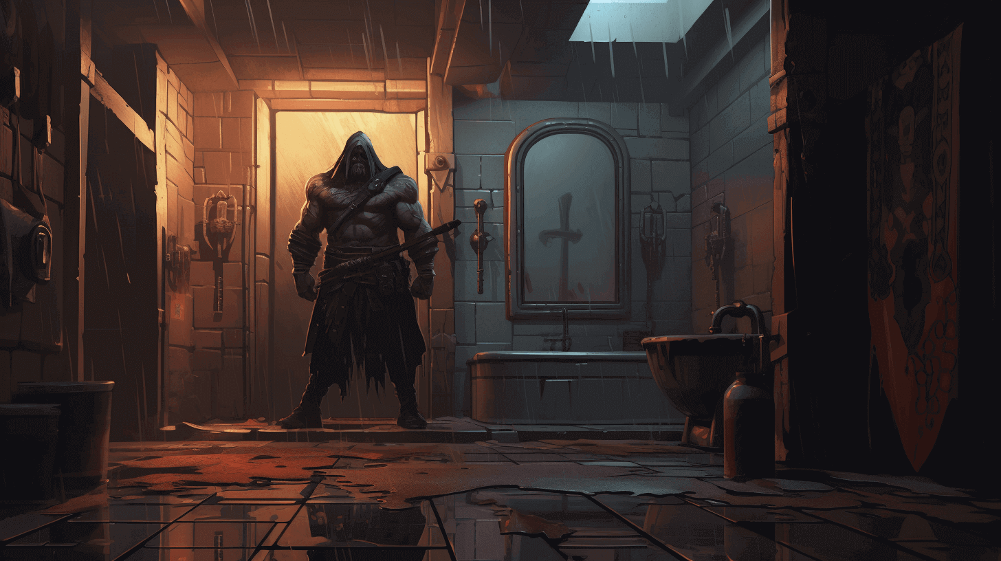 Executioner standing in a bathroom