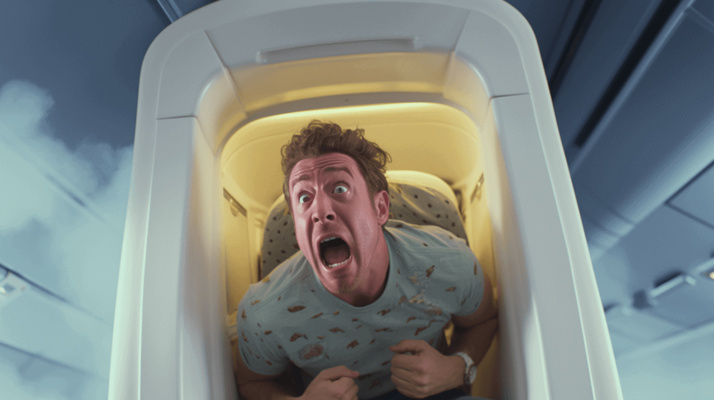 A man stuck in an airplane