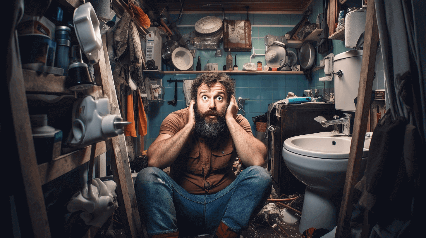 Surprised plumber in a bathroom