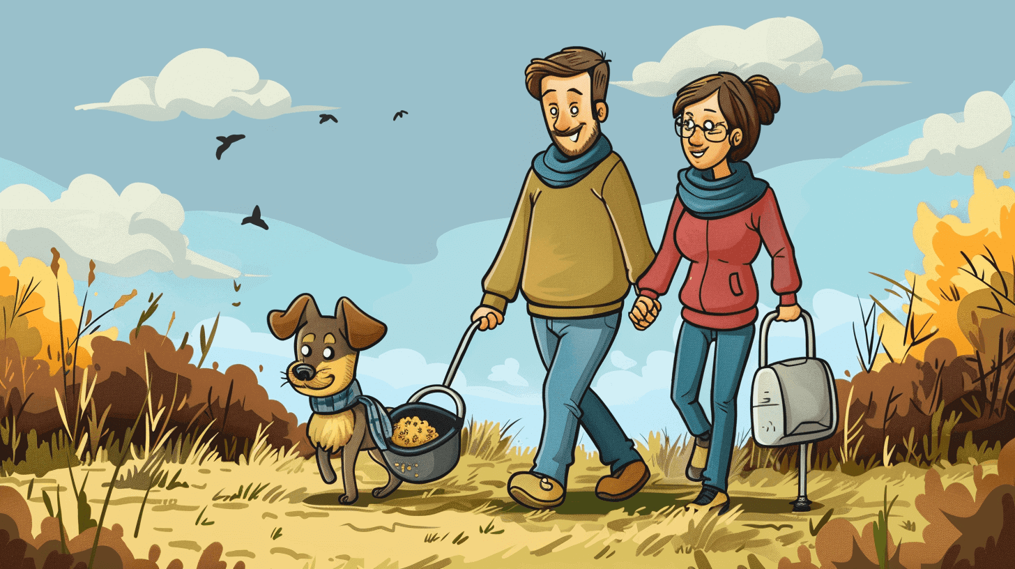 Couple walking their dog