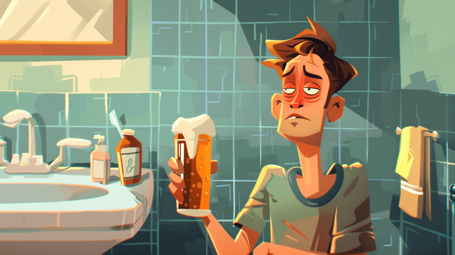 A guy drinking a beer in the bathroom.