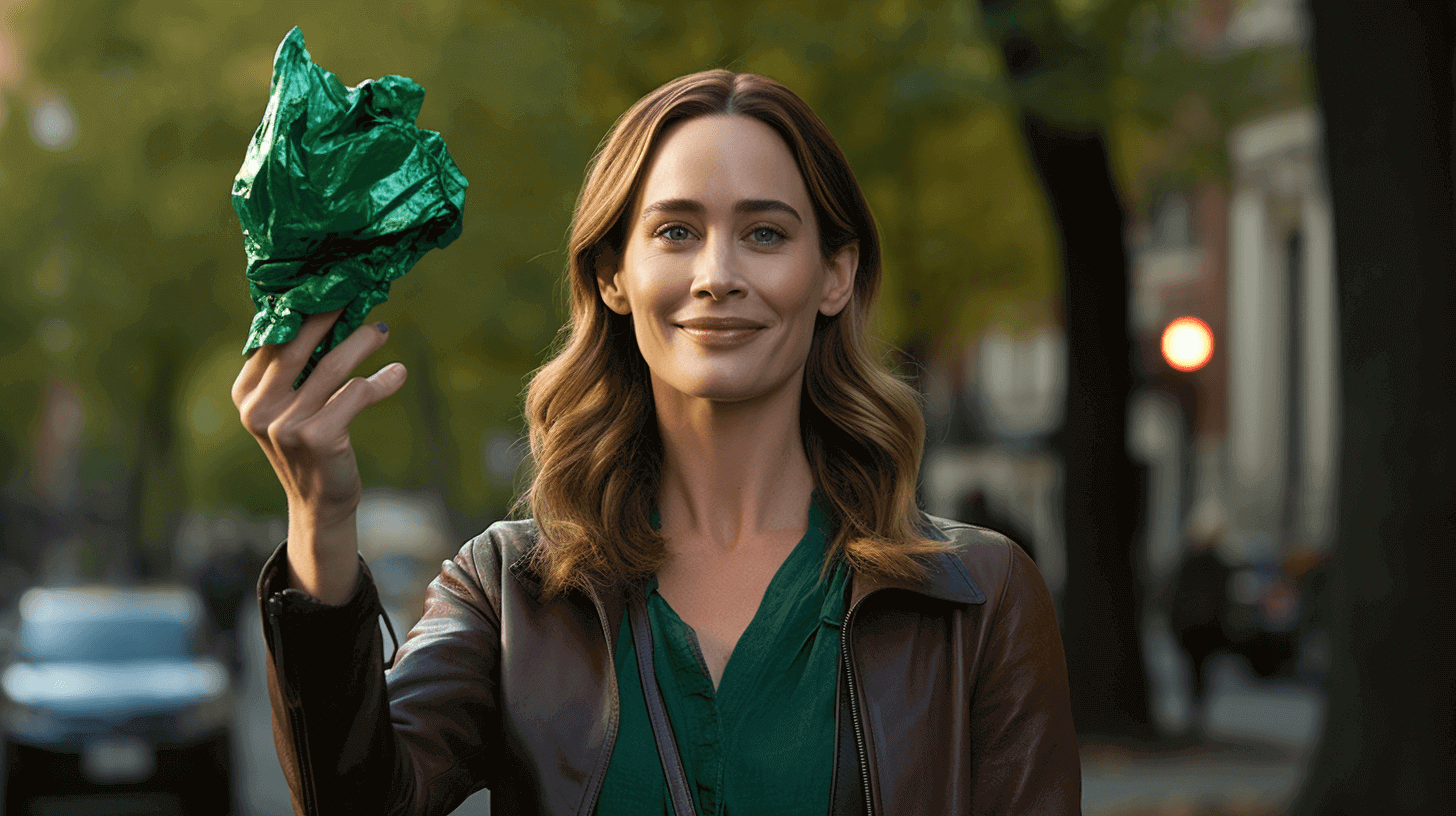 Emily Blunt holding a bag.