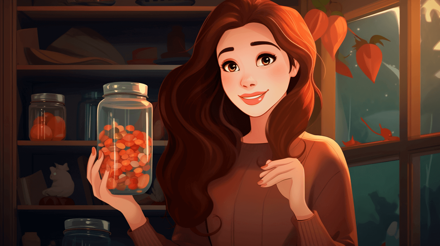 A lady holding up a jar of gummies!