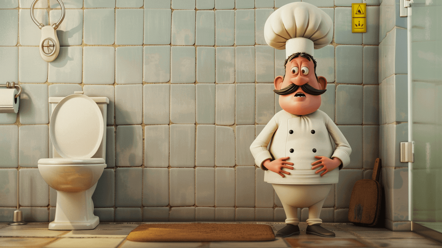 A chef standing in the bathroom.