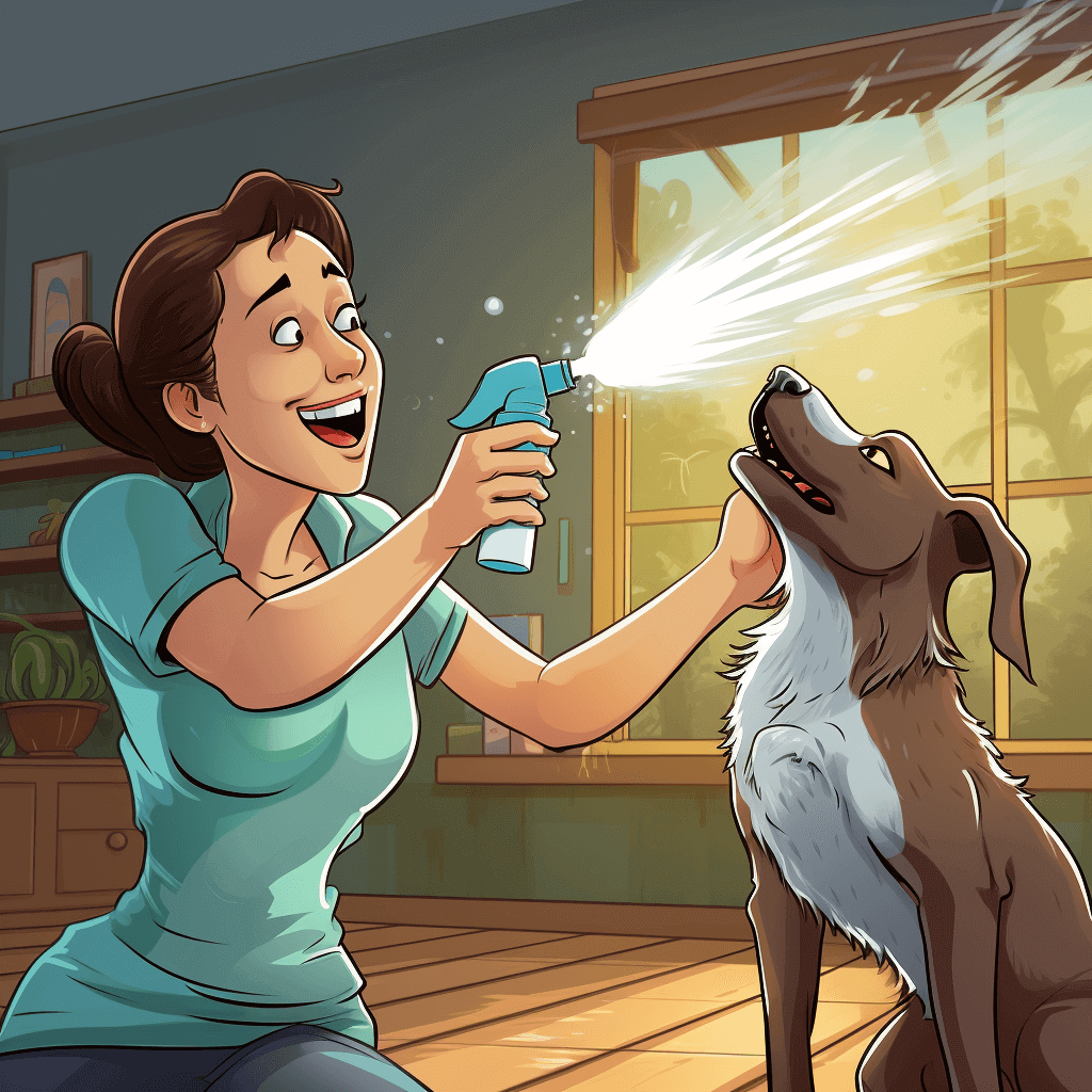 A lady spraying her dog with an odor remover.