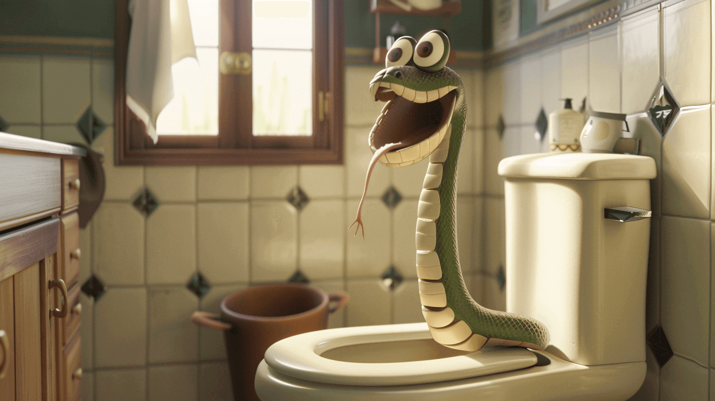 A snake popping put of a toilet.