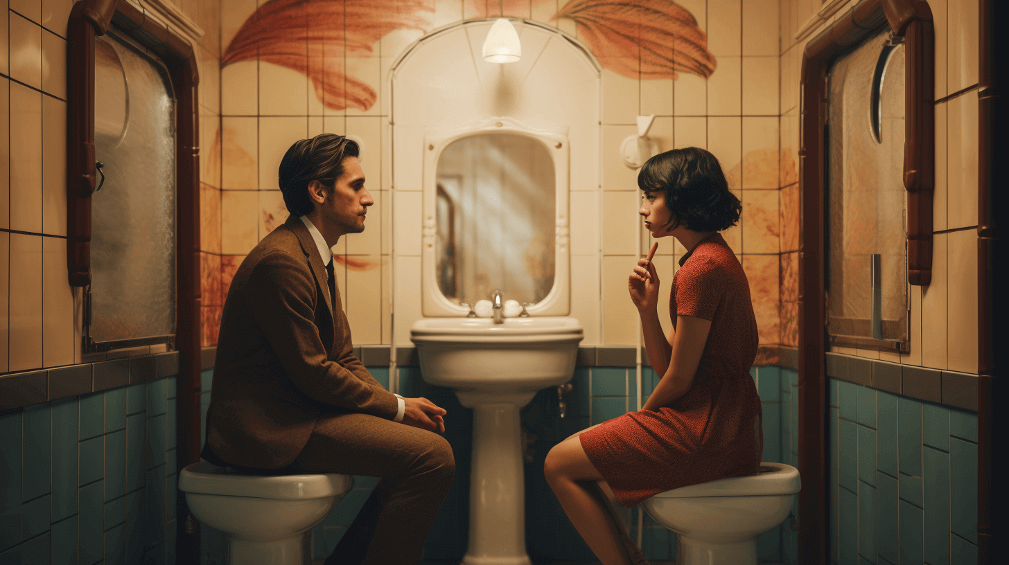 A couple having a conversation in the bathroom