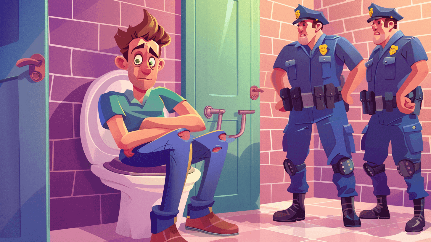 A burglar arrested by police on the toilet.