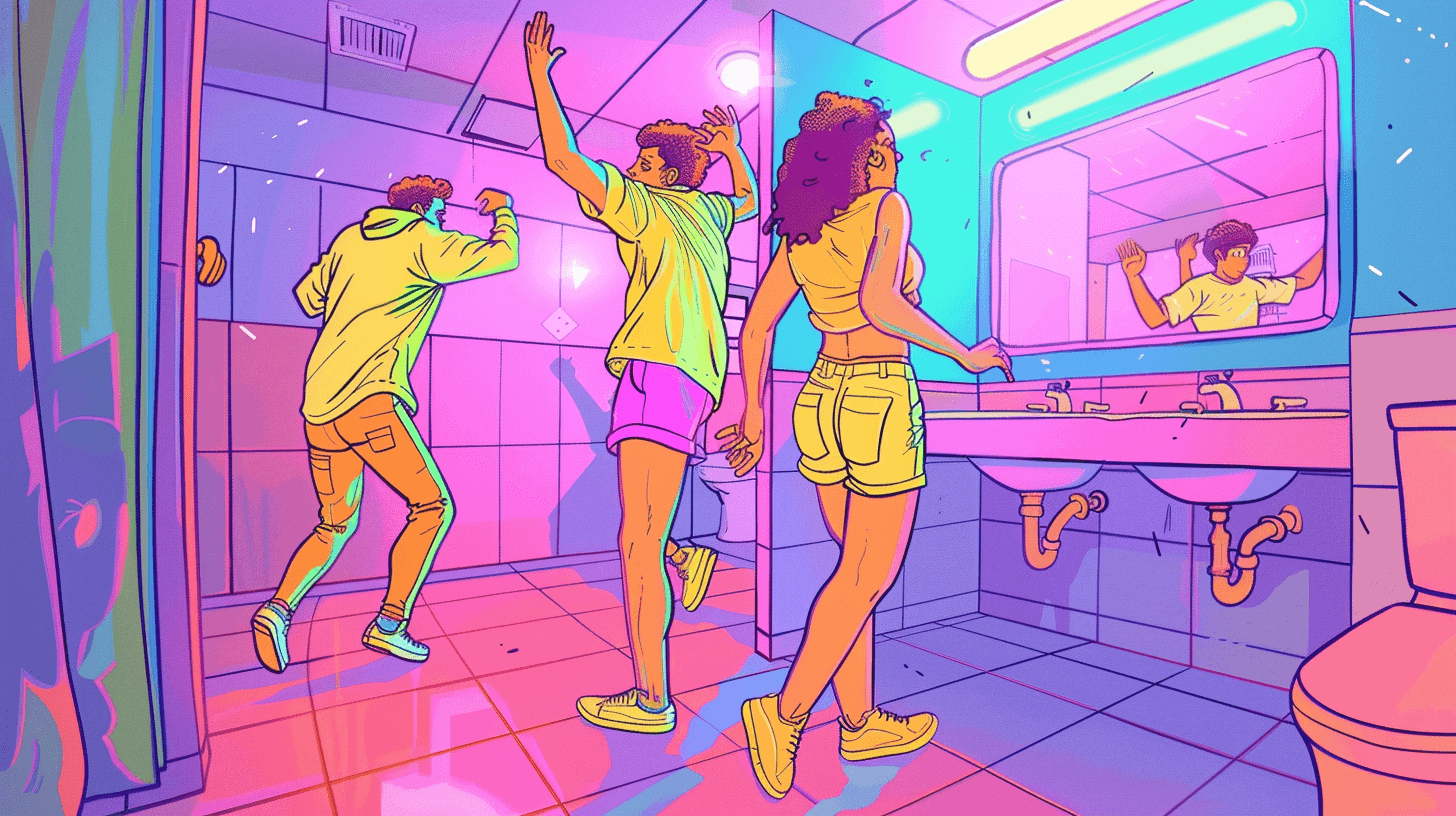 People dancing in a bathroom