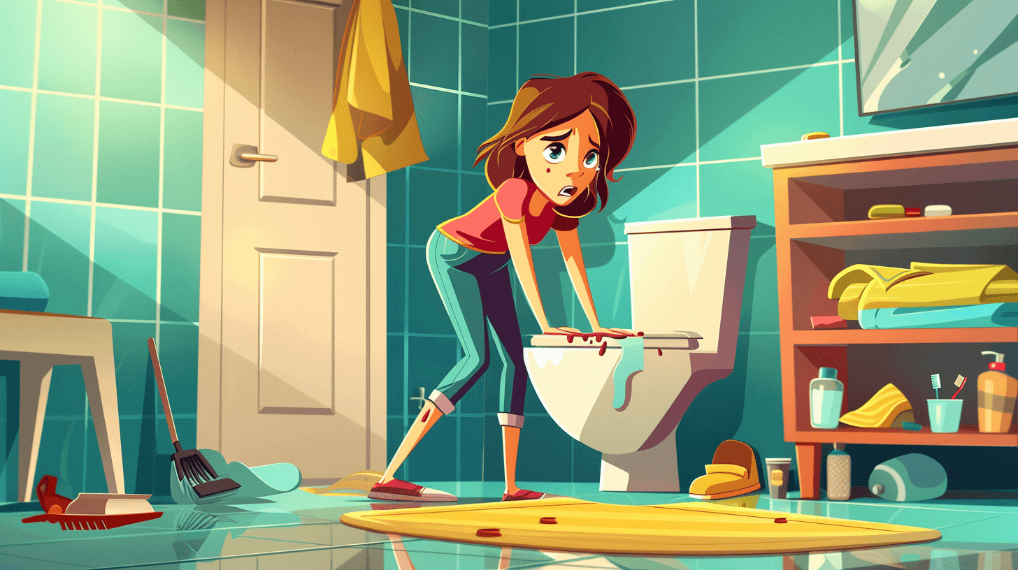 A woman attempting to clean her bathroom.