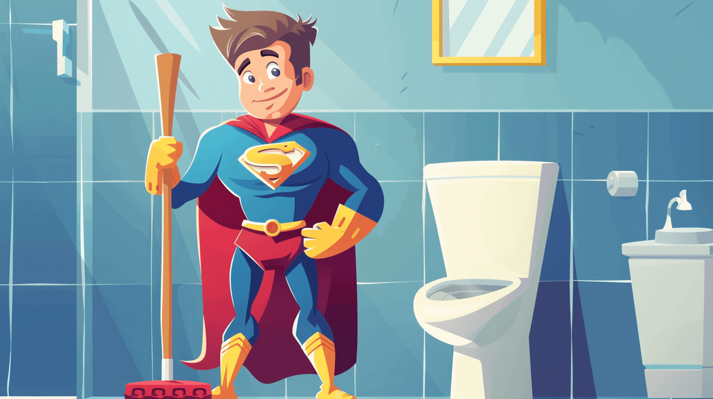 A superhero holding a plunger in the bathroom.