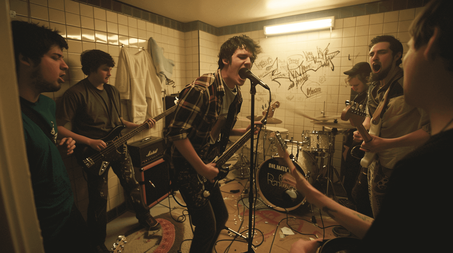band playing a rock show in a bathroom